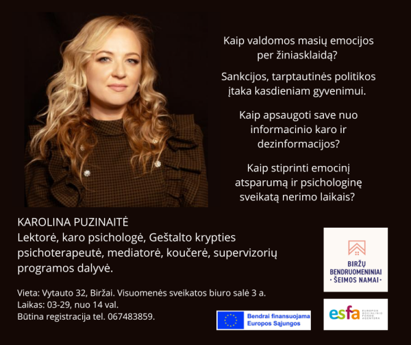 Biržų BŠN kviečia dalyvauti paskaitoje su Karolina Puzinaite 